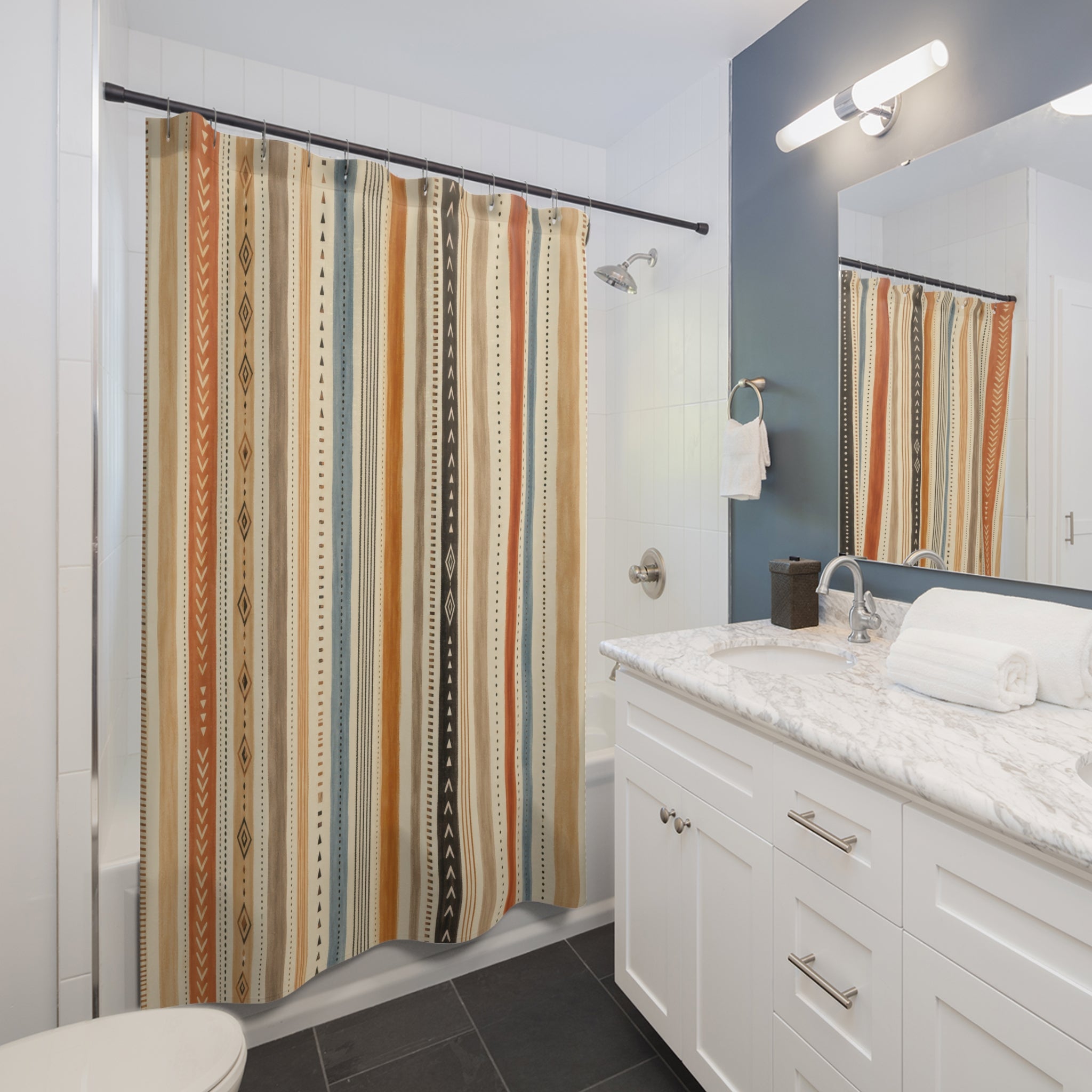 Terracotta Blue Triangle Diamond Stripe Shower Curtain