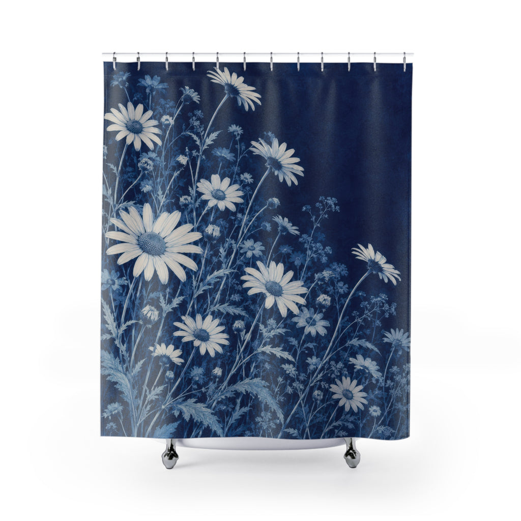 Indigo and ivory daisy meadow shower curtain with full front view