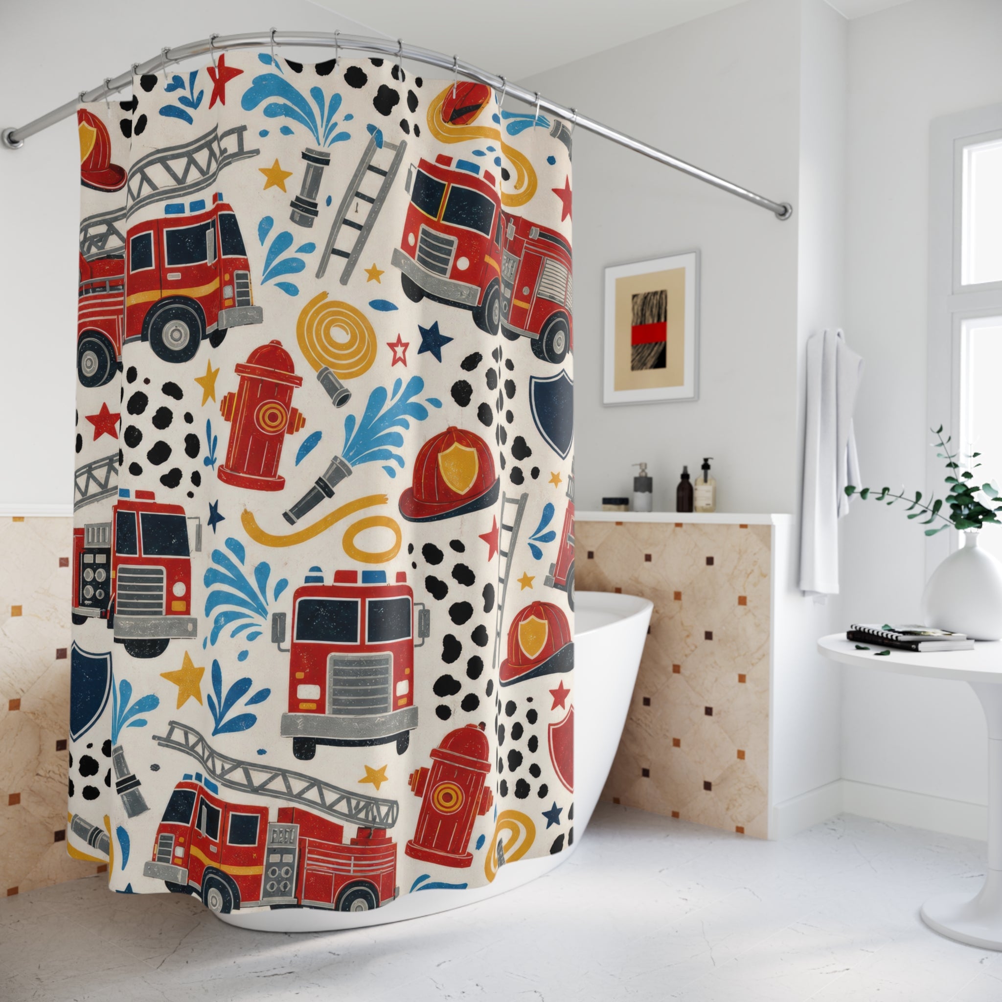 Fire Truck Shower Curtain, Red Kids Bathroom Decor, Firefighter Bath Curtain, Boys Bathroom Decor, Truck Pattern, Bath Decor, Playful Style