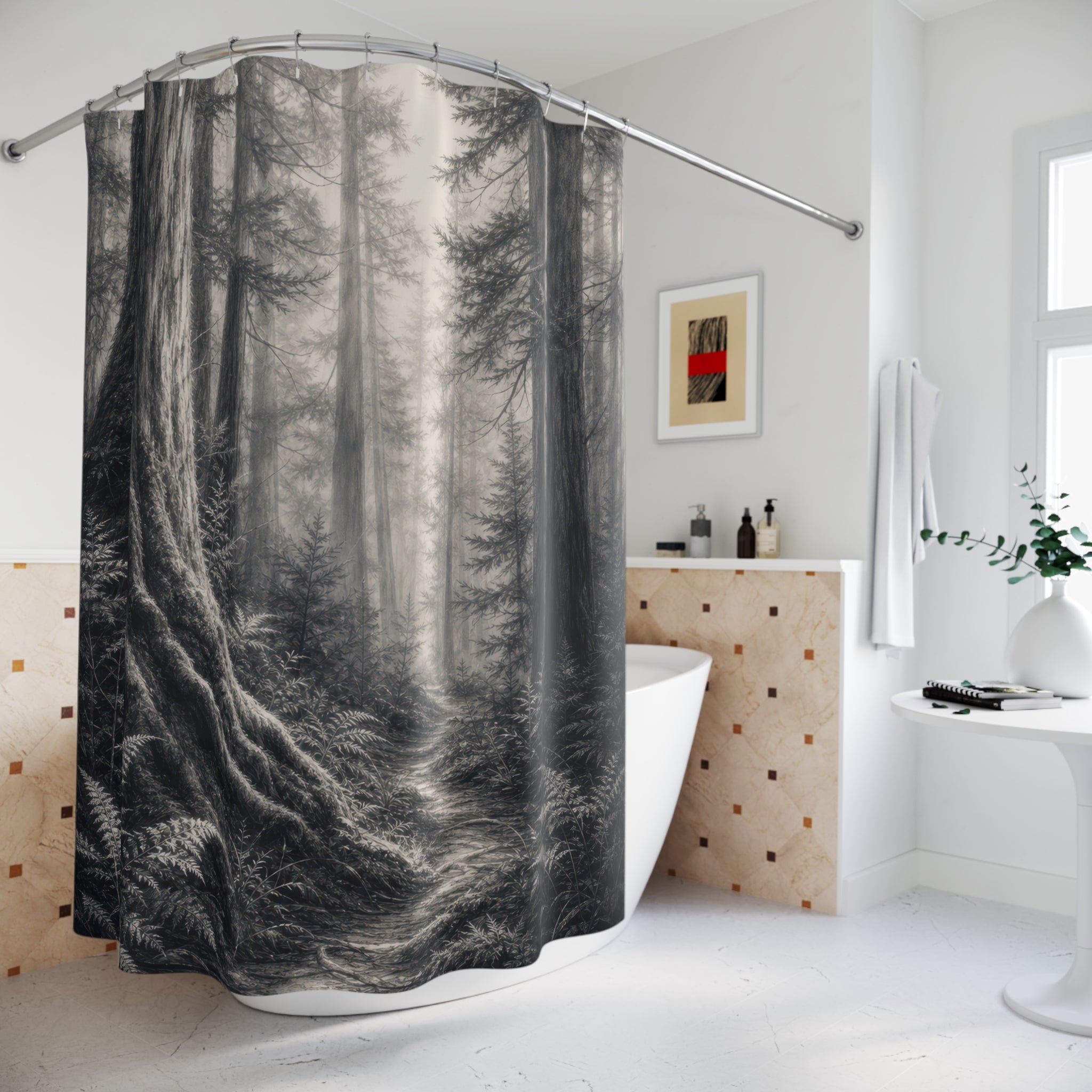 Charcoal Foggy Old Growth Forest Shower Curtain