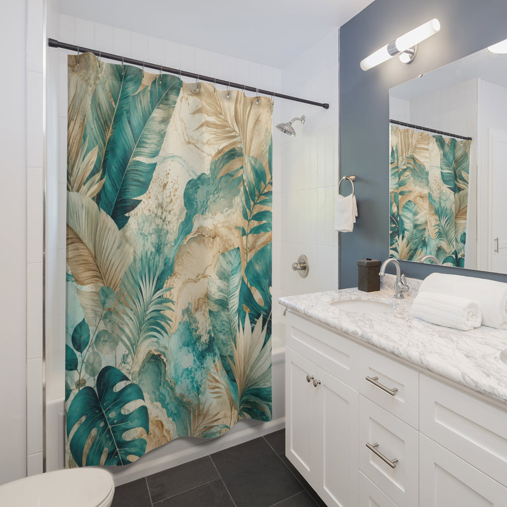 Turquoise Beige Shower Curtain: Teal Botanical
