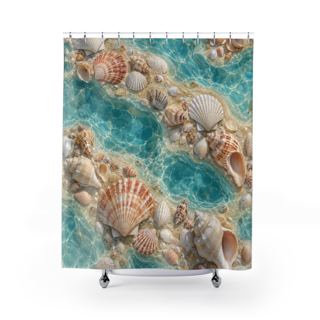 Ivory and apricot seashells around turquoise tide pools shower curtain with full front view