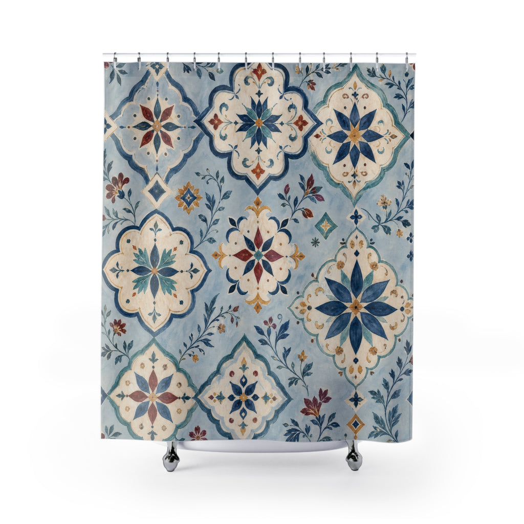 Blue Moroccan Tile Shower Curtain, Mediterranean Bathroom Decor, Blue Tile Bath Curtain, Patterned Guest Bathroom Decor, Tile Bath Decor