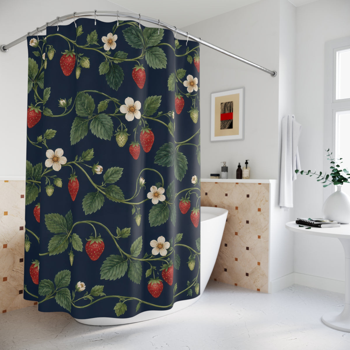 Red strawberries and ivory flowers on navy shower curtain beside a freestanding tub