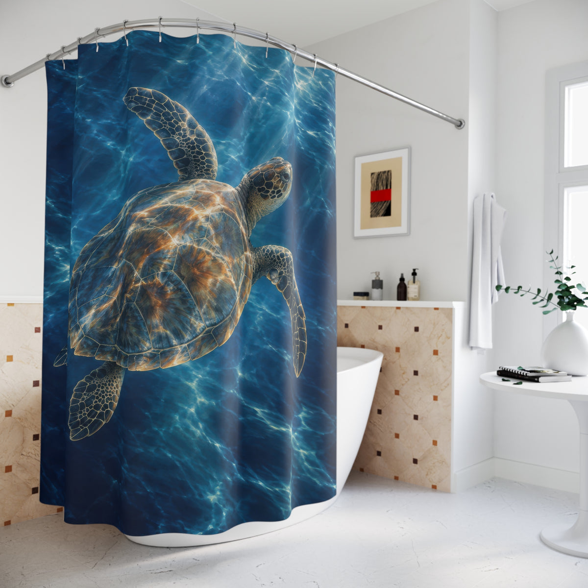 Sea turtle swimming in navy blue water shower curtain beside a freestanding tub