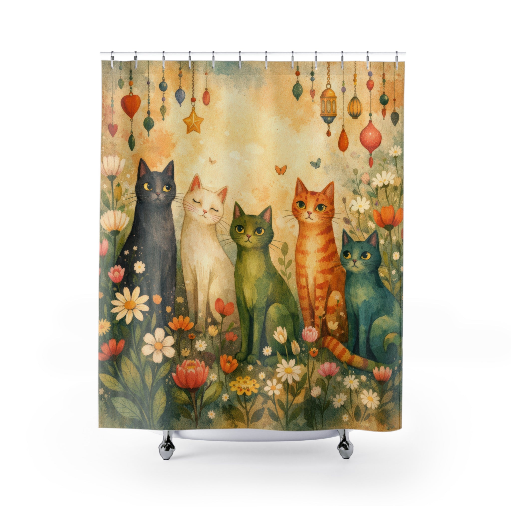 Whimsical Cat Shower Curtain – Cottagecore Floral