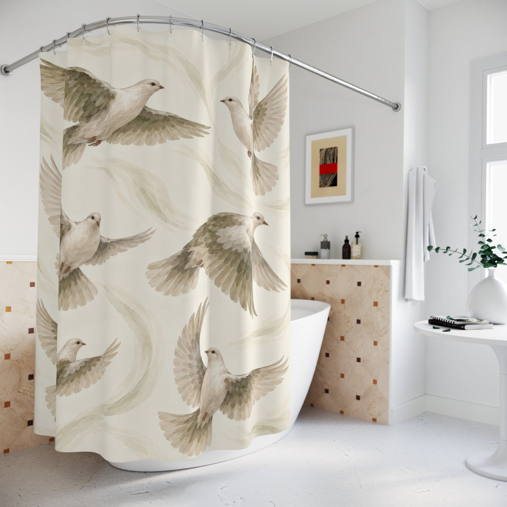 Ivory doves with olive and taupe wings on cream shower curtain beside a freestanding tub