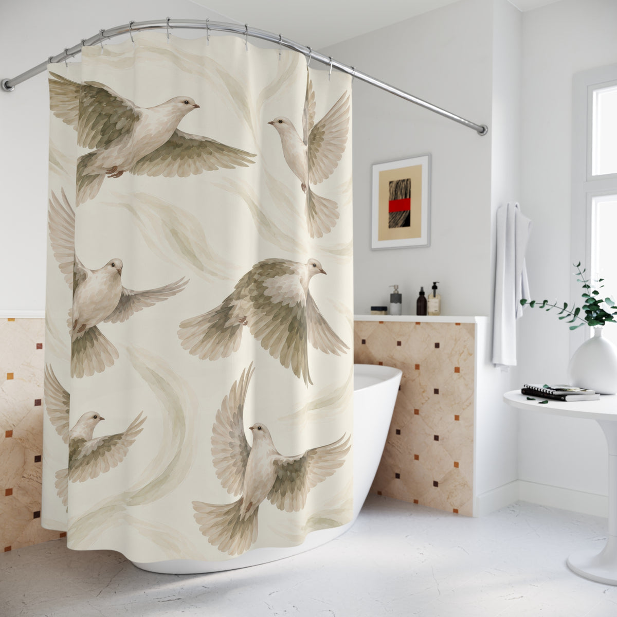 Ivory doves with olive and taupe wings on cream shower curtain beside a freestanding tub
