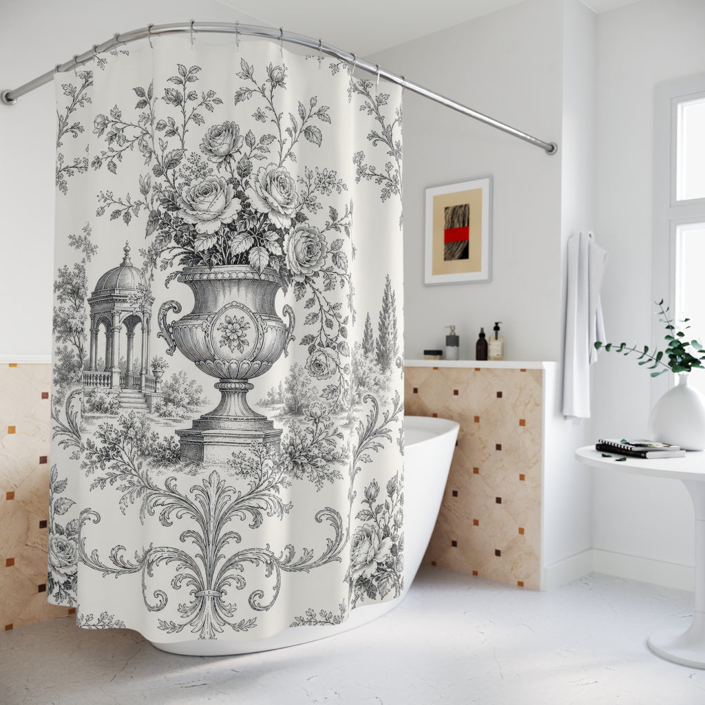 Black White Toile Floral Vintage Cottage Cottagecore Shower Curtain