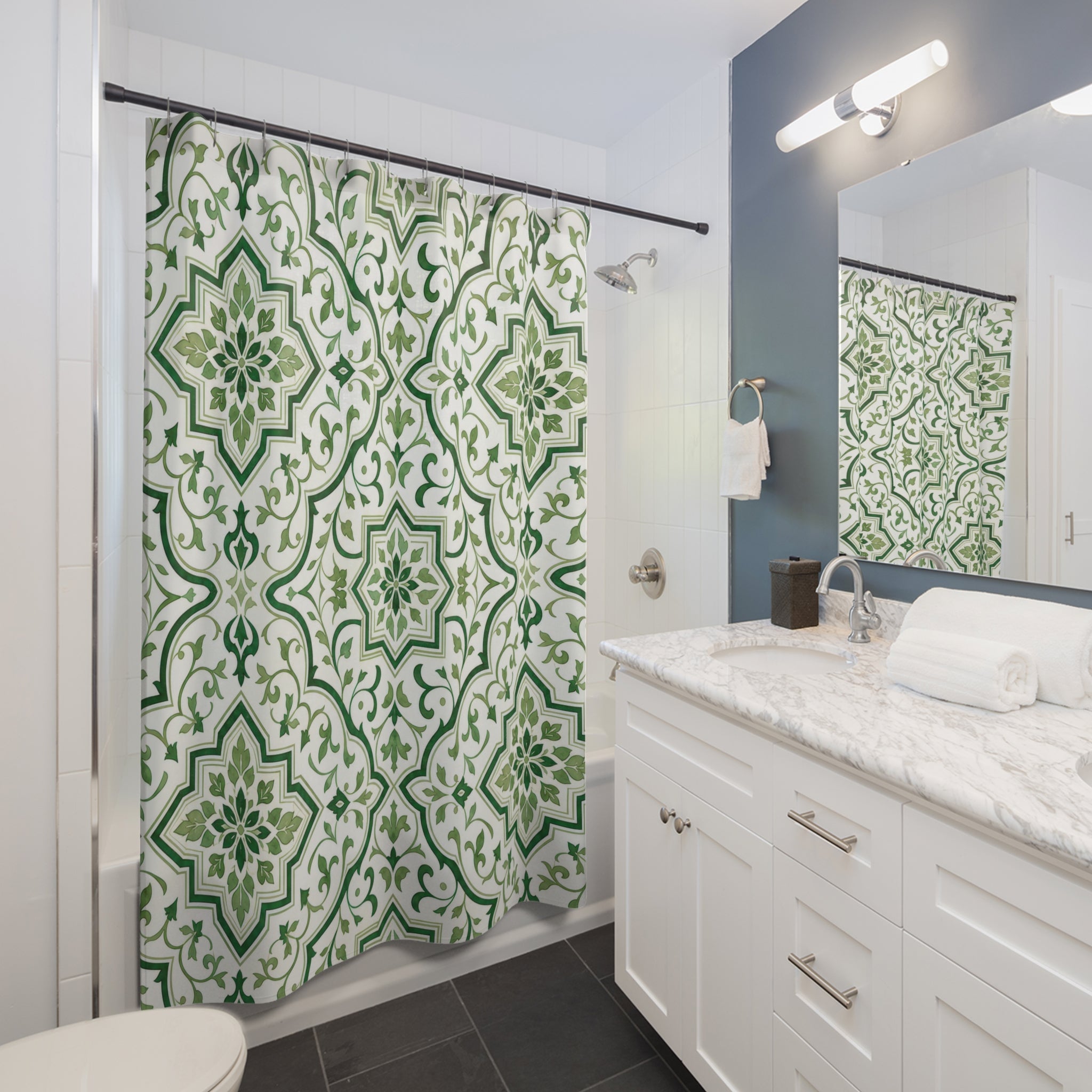Green White Moroccan Medallion Shower Curtain