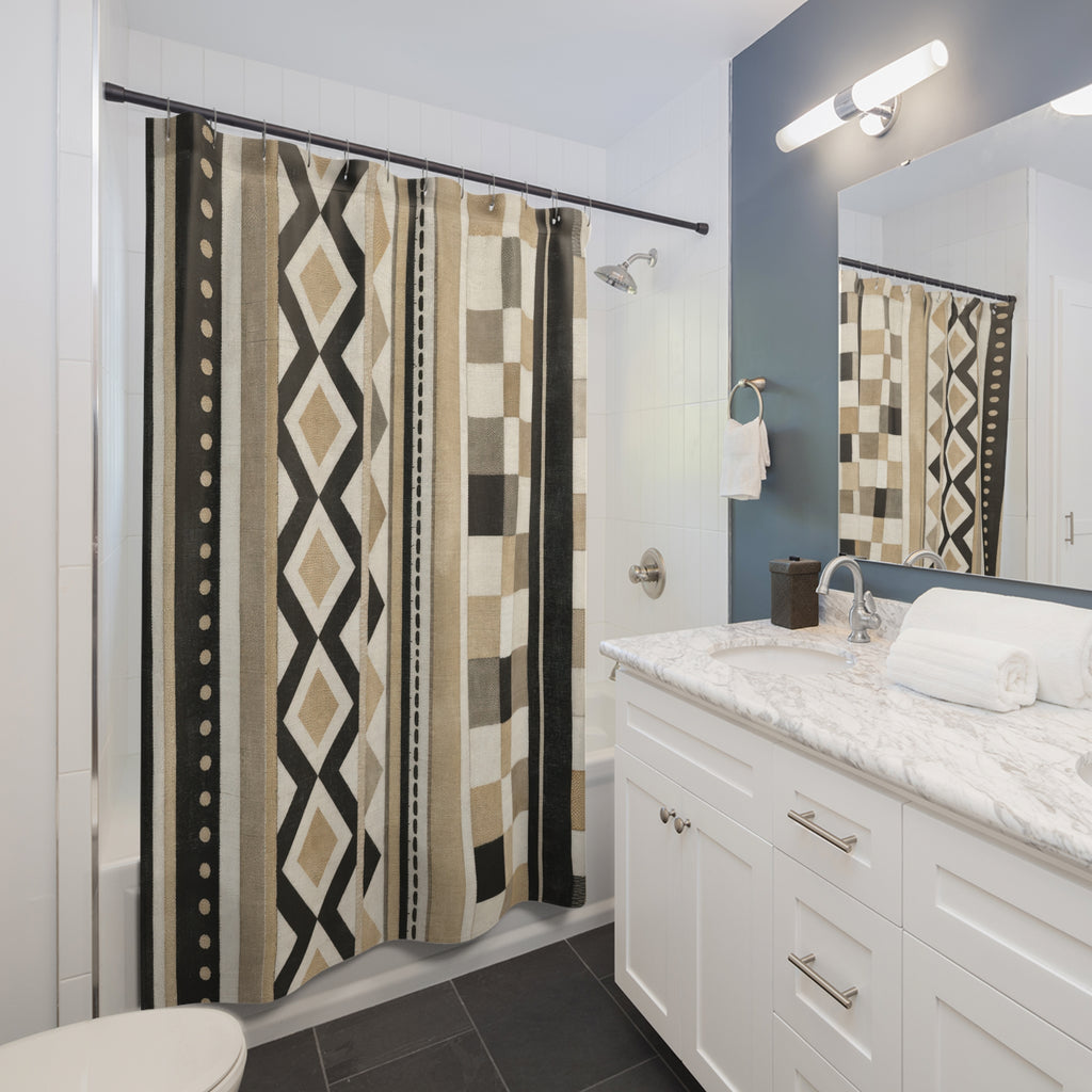 Black White and Beige Geometric Shower Curtain