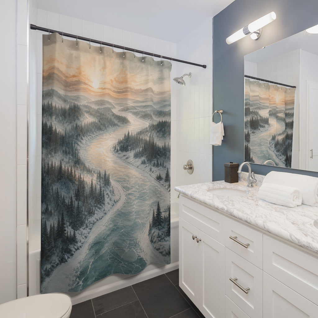 Frozen river through snowy pines at winter sunrise shower curtain beside a white vanity