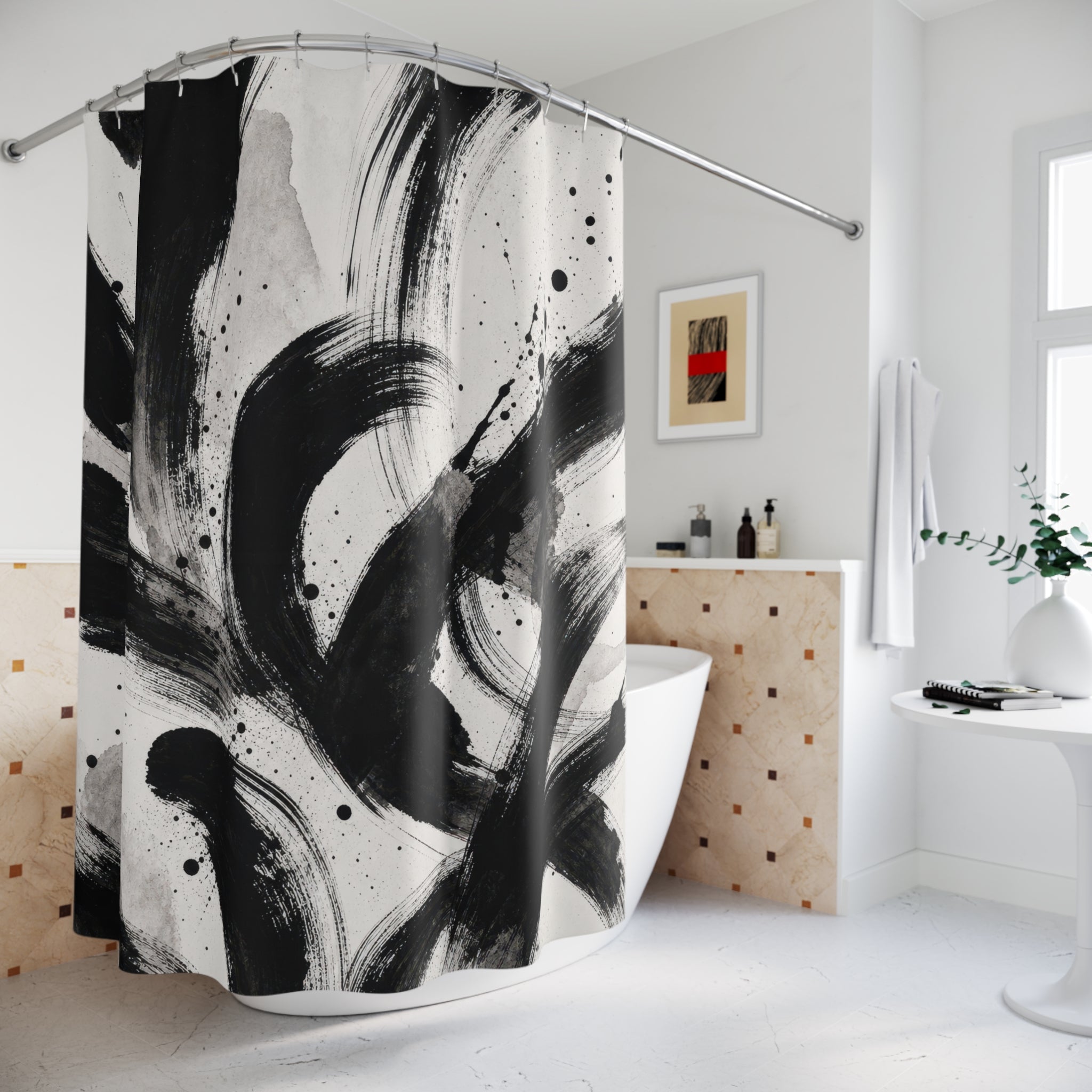 Black White Brush Stroke Shower Curtain