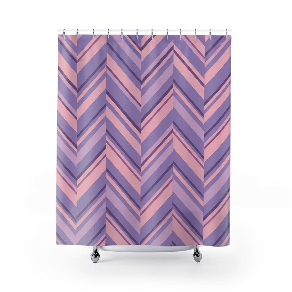 Lavender and blush pink herringbone stripes shower curtain with full front view