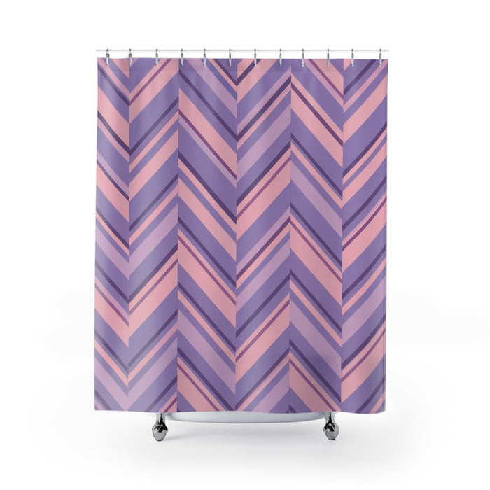 Lavender and blush pink herringbone stripes shower curtain with full front view