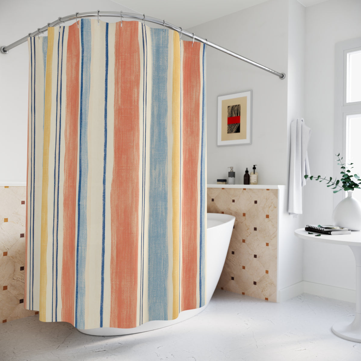 Coral Blue Orange Stripe Shower Curtain