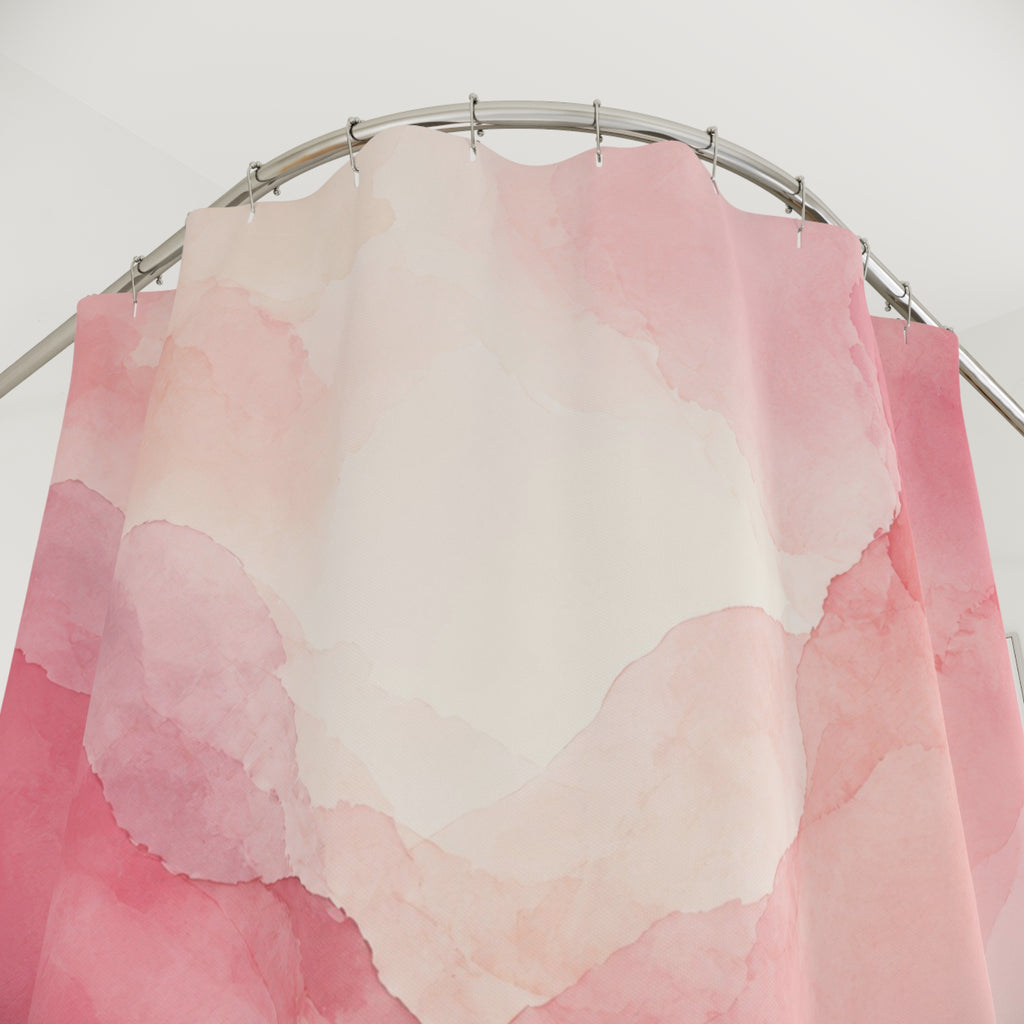 Light pink watercolor washes with mauve edges shower curtain with close-up print, hooks, and folds