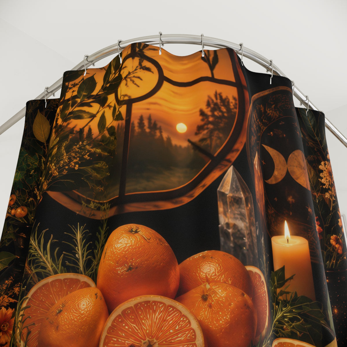Wiccan autumn kitchen altar with oranges herbs and cauldron shower curtain with close-up print, hooks, and folds