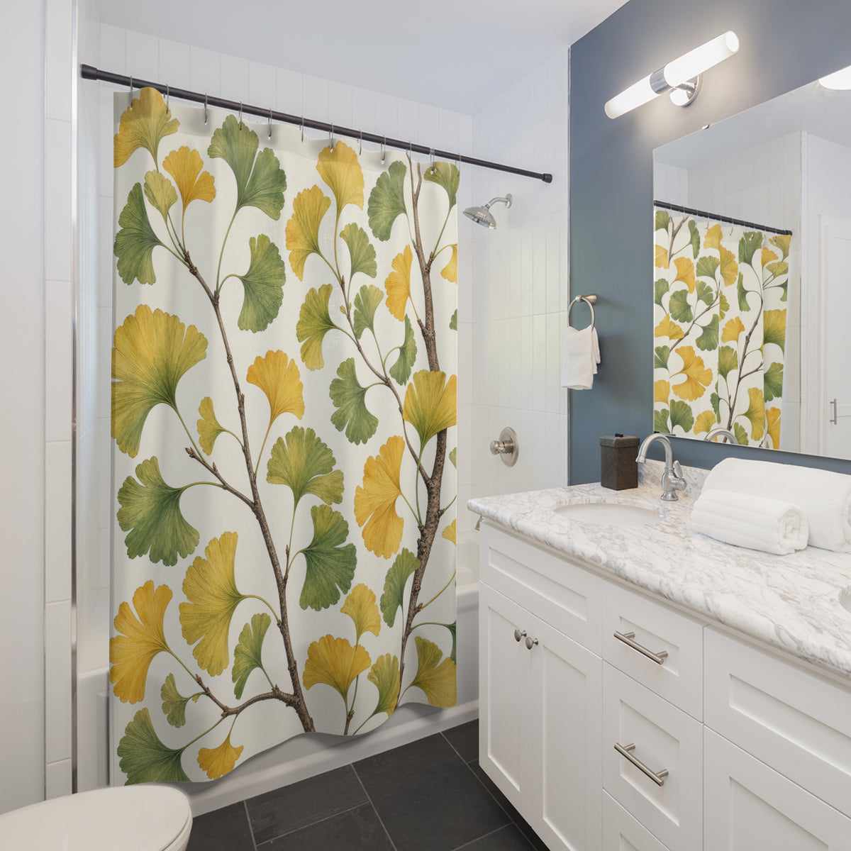Yellow Green Botanical Leaf ginkgo shower curtain beside a white vanity