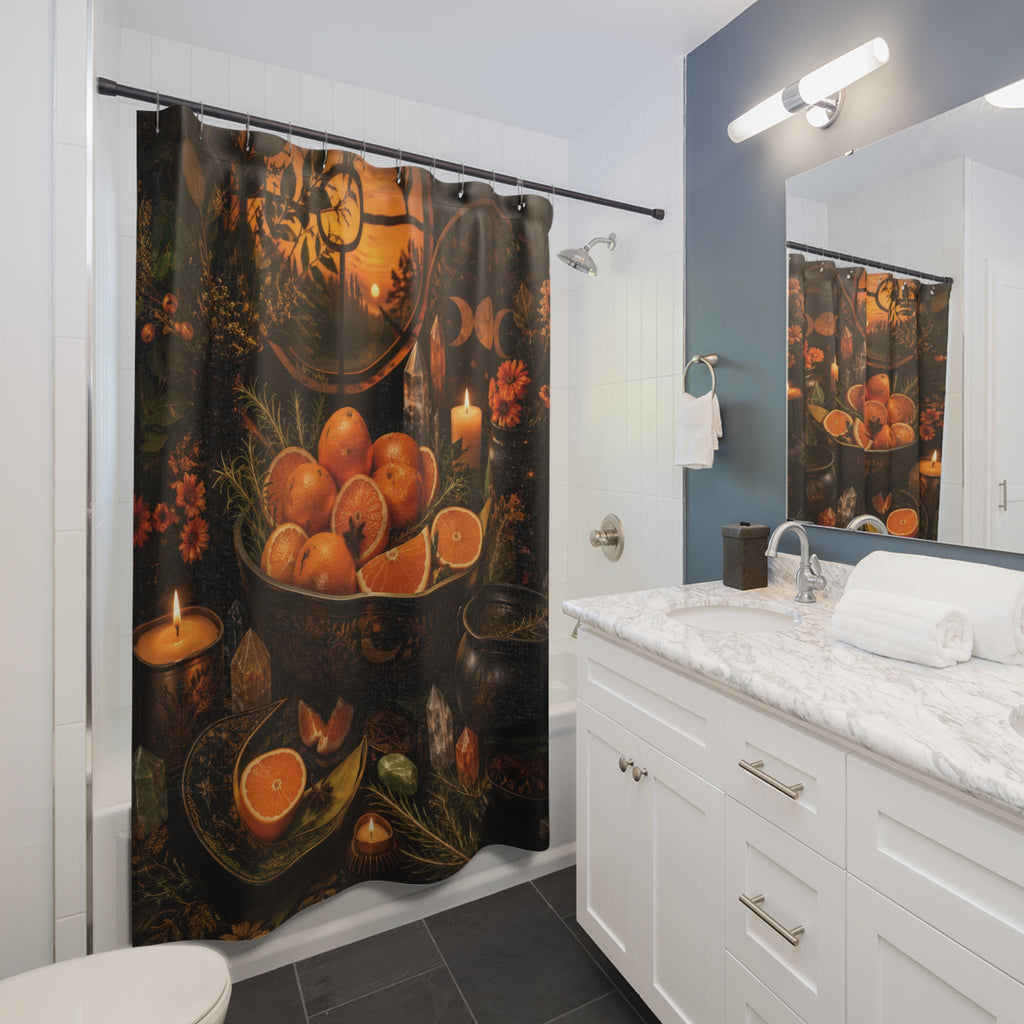 Wiccan autumn kitchen altar with oranges herbs and cauldron shower curtain beside a white vanity