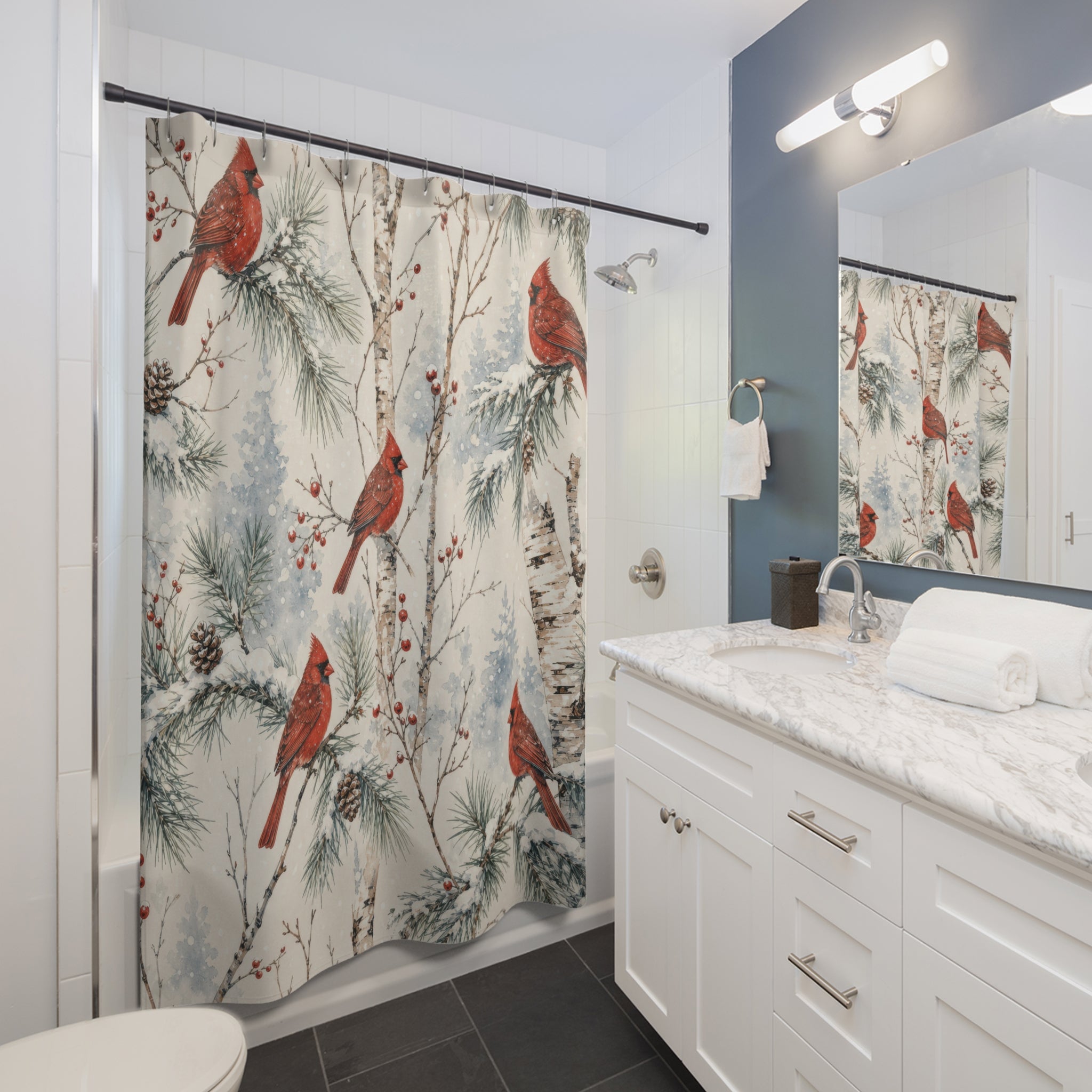 Red Cardinal Winter Pine Shower Curtain
