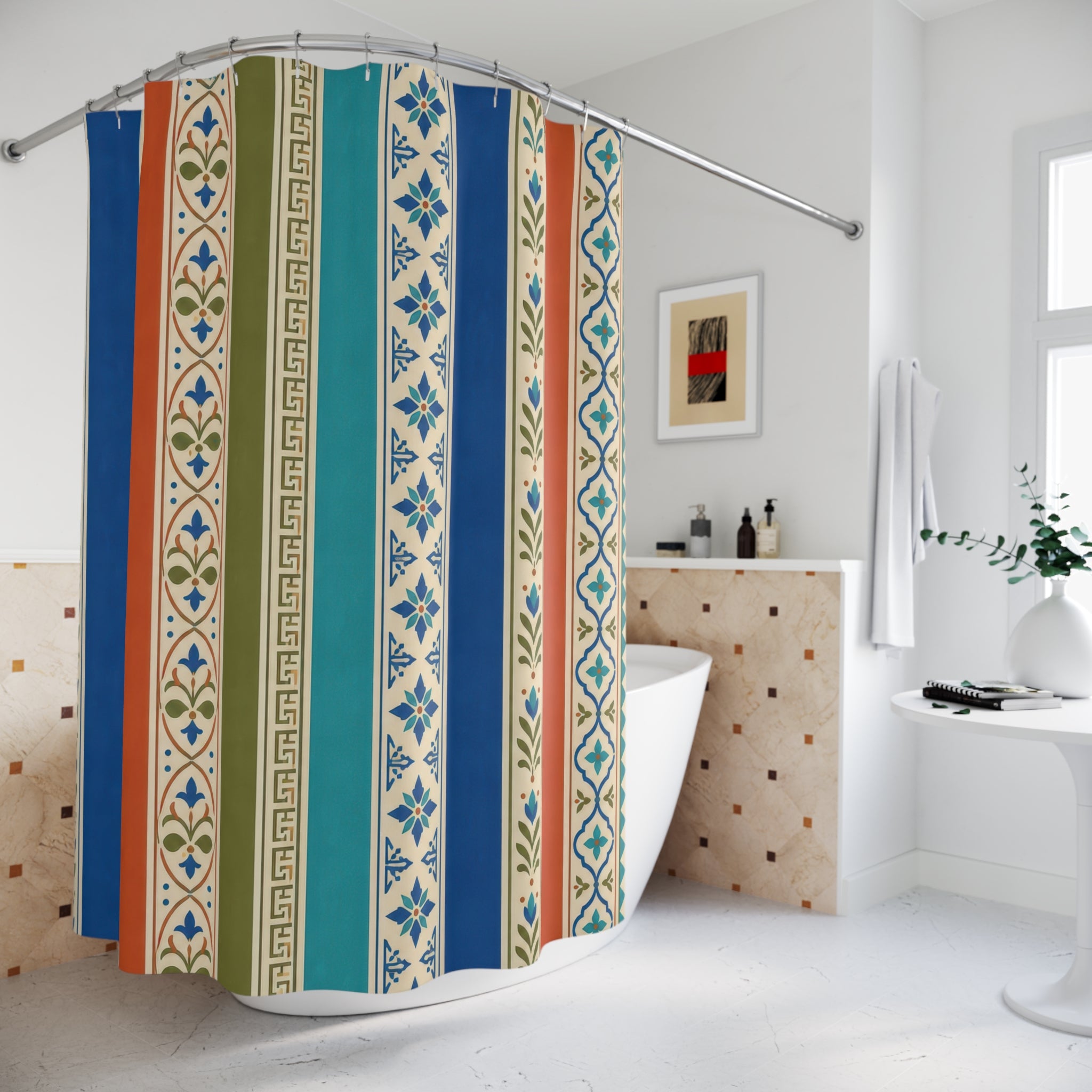 Blue Yellow Geometric Column Stripe Shower Curtain