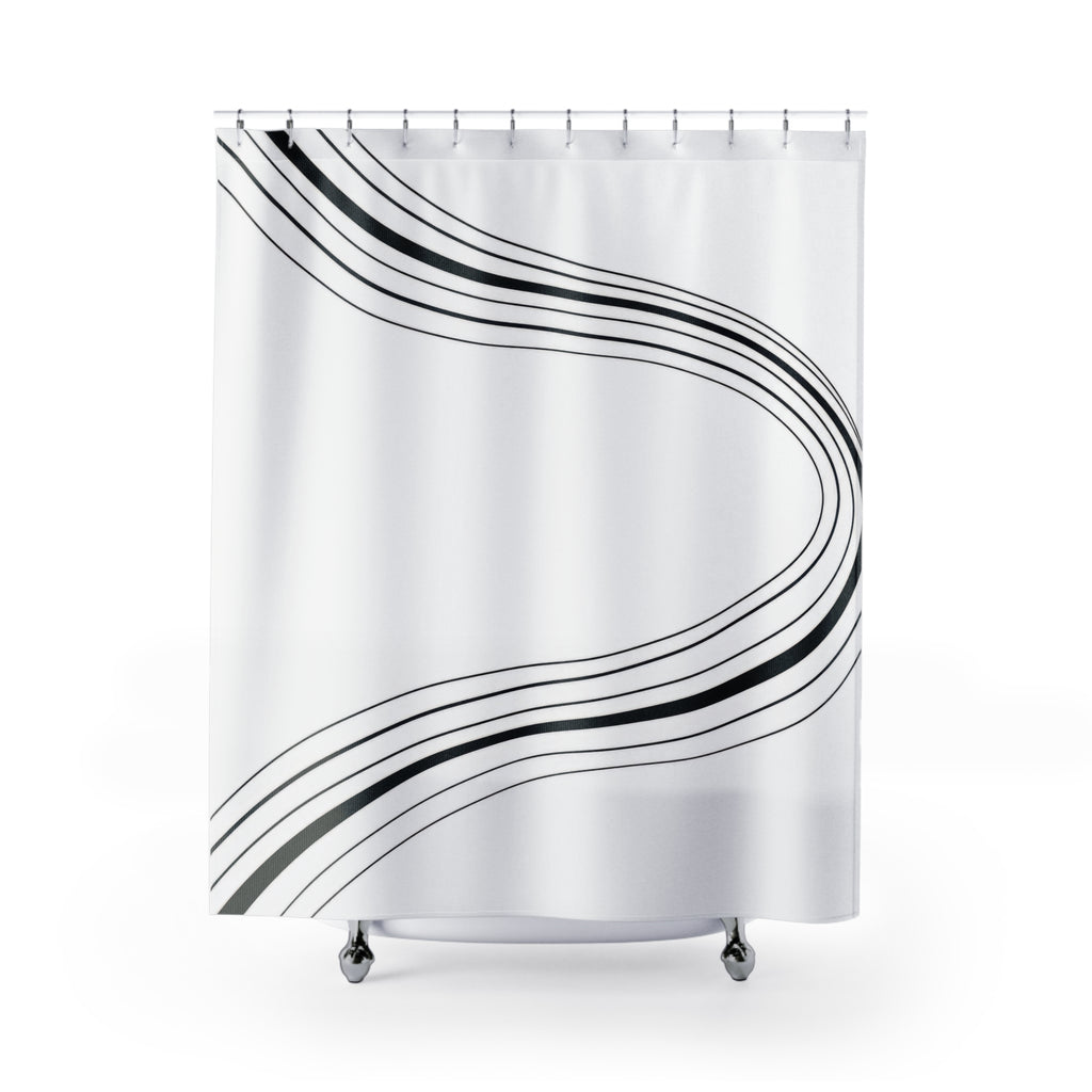 Parallel black stripes sweeping around an open white center shower curtain with full front view