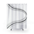 Parallel black stripes sweeping around an open white center shower curtain with full front view