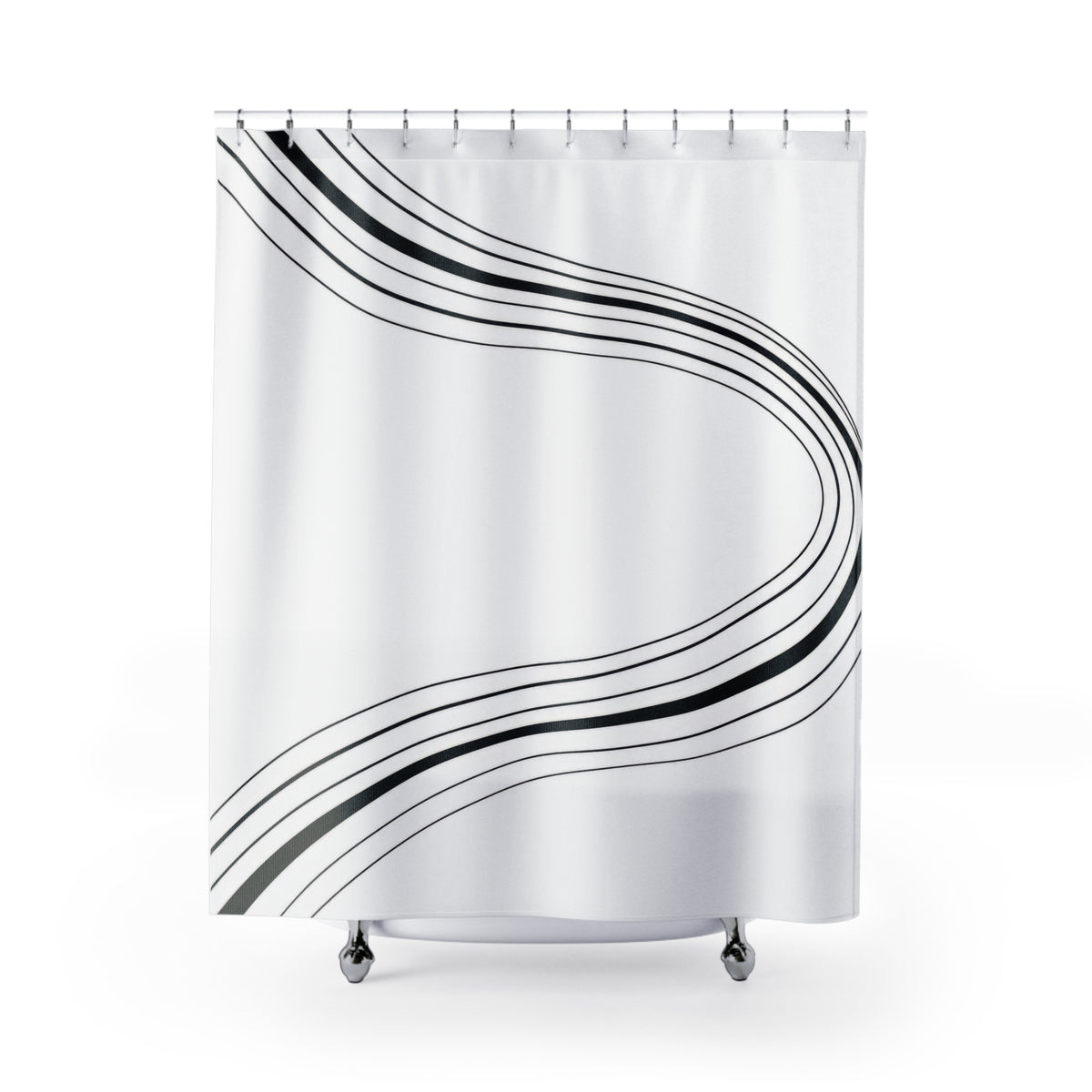 Parallel black stripes sweeping around an open white center shower curtain with full front view