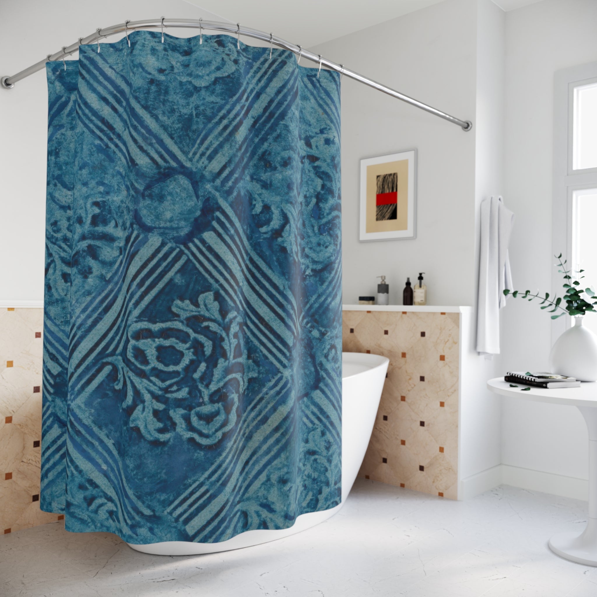 German Paste Paper Shower Curtain – Indigo Stripe