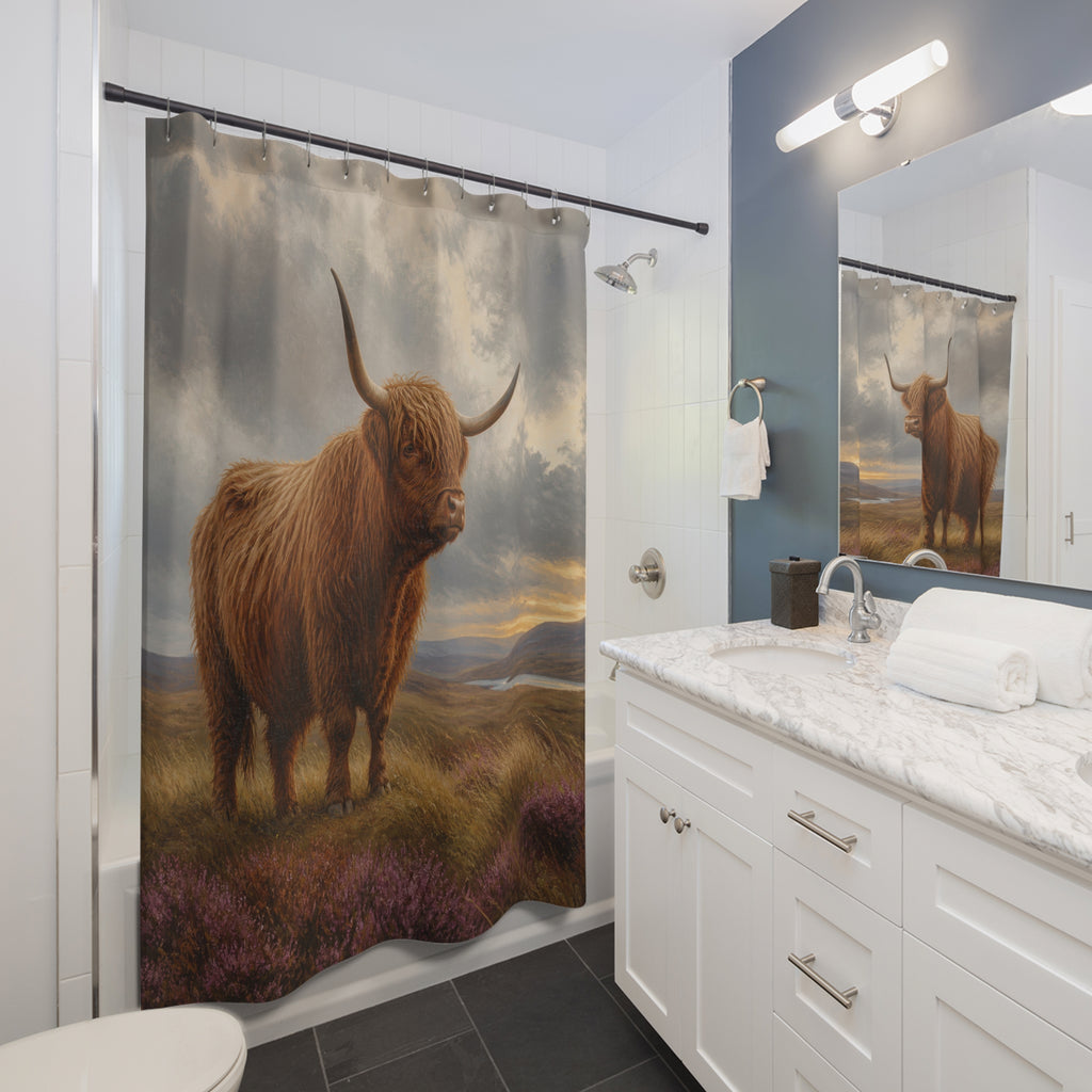 Highland cow standing in heather on a misty moor shower curtain beside a white vanity