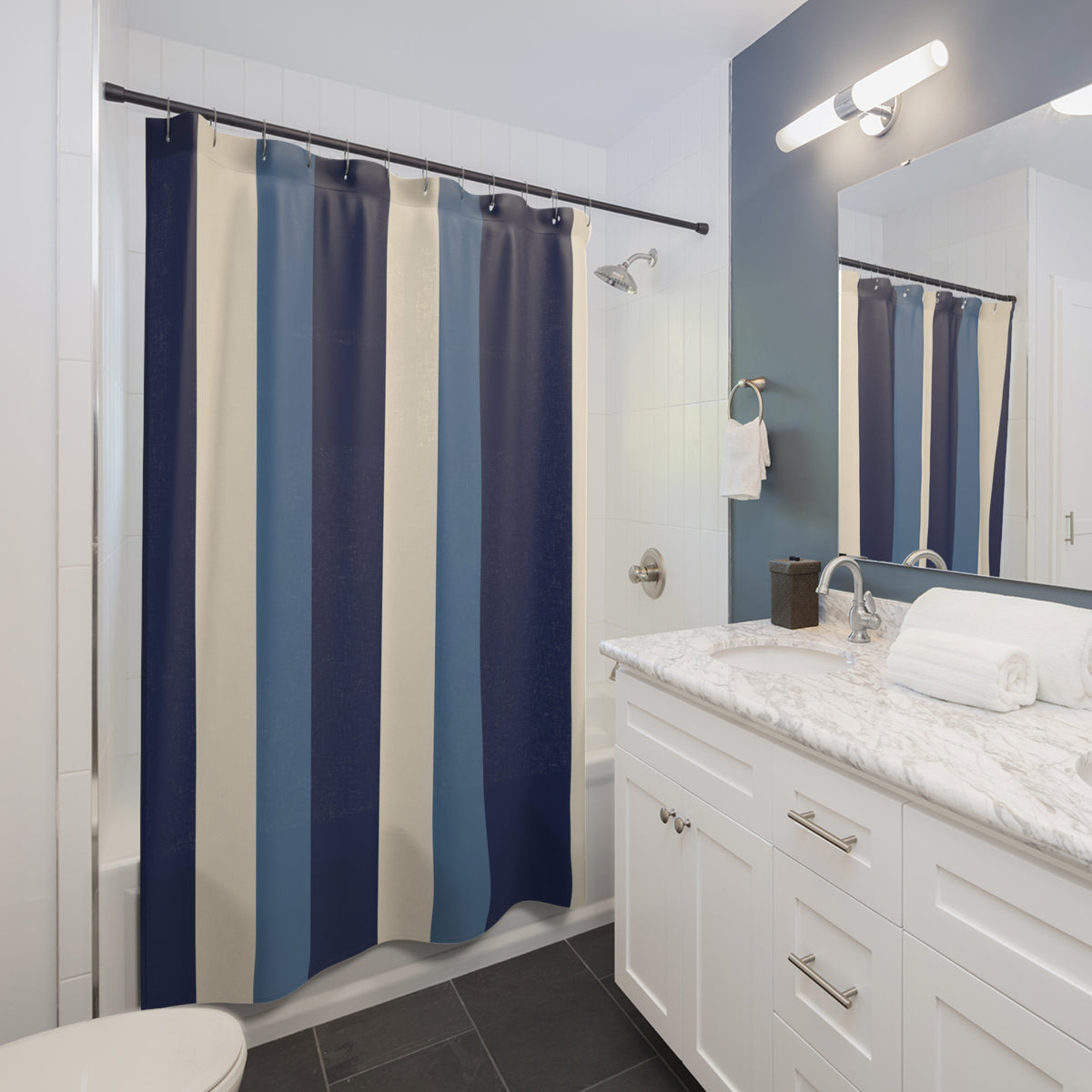 Navy Denim Blue Color Block Shower Curtain