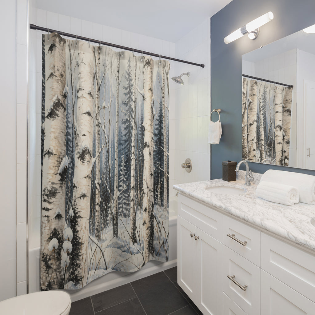 Winter woodland snowy birch grove pattern shower curtain beside a white vanity