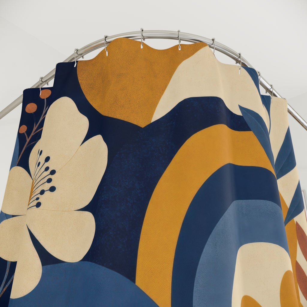Mustard and Blue Shower Curtain: Retro Floral Botanical