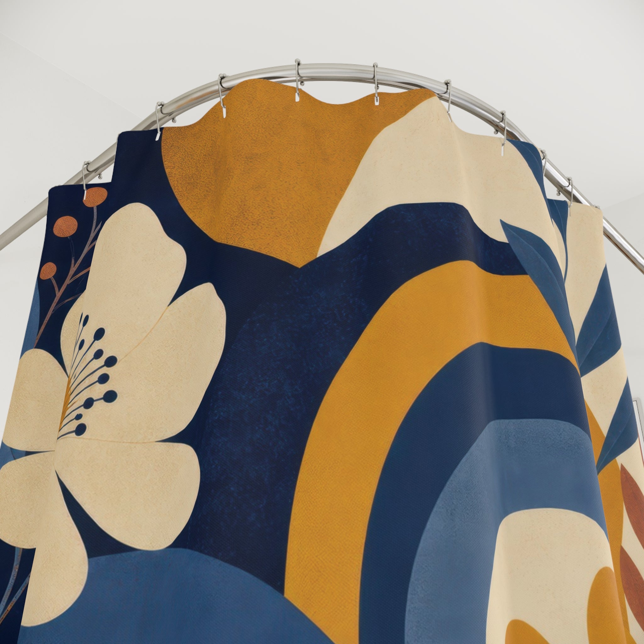 Mustard and Blue Shower Curtain: Retro Floral Botanical