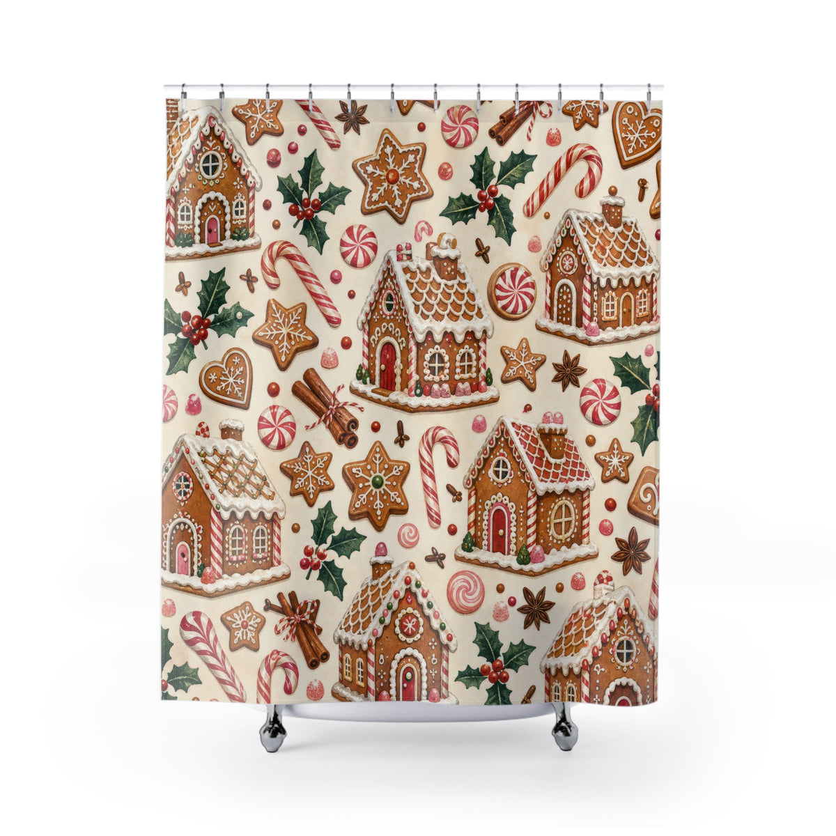 Gingerbread Cottage Candy christmas pattern shower curtain with full front view