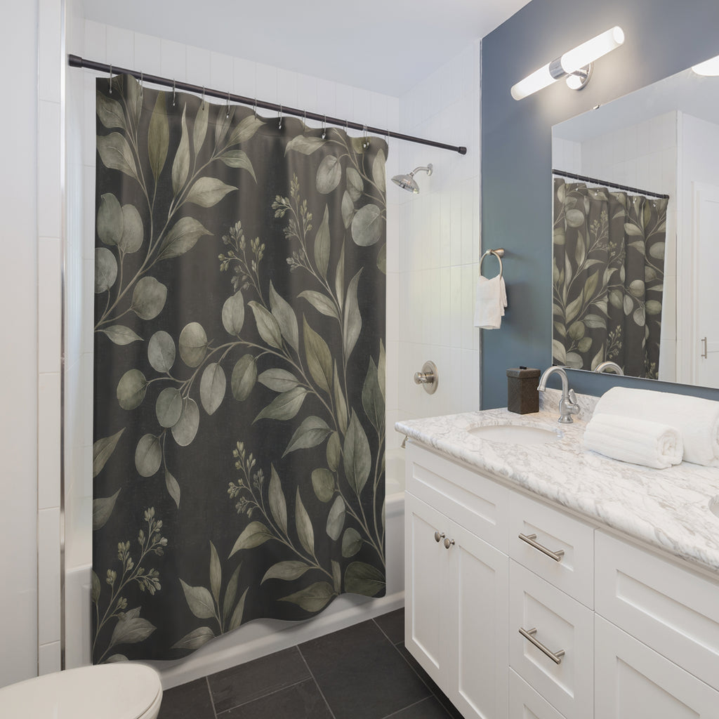 Dark Green Floral Shower Curtain, Dark Green Moody Bathroom Decor, Dark Botanical Bath Curtain, Guest Bath Decor, Small Bathroom Decor