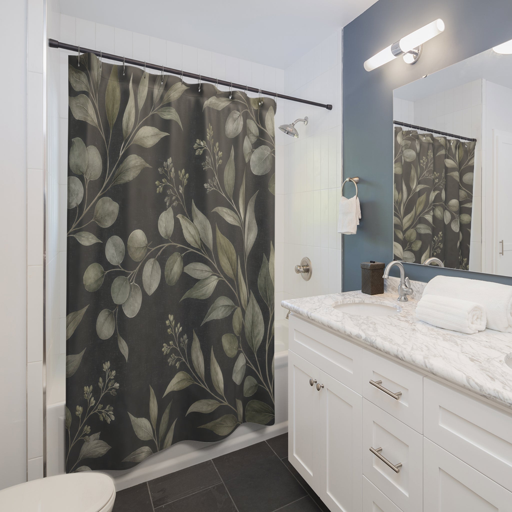Dark Green Floral Shower Curtain, Dark Green Moody Bathroom Decor, Dark Botanical Bath Curtain, Guest Bath Decor, Small Bathroom Decor