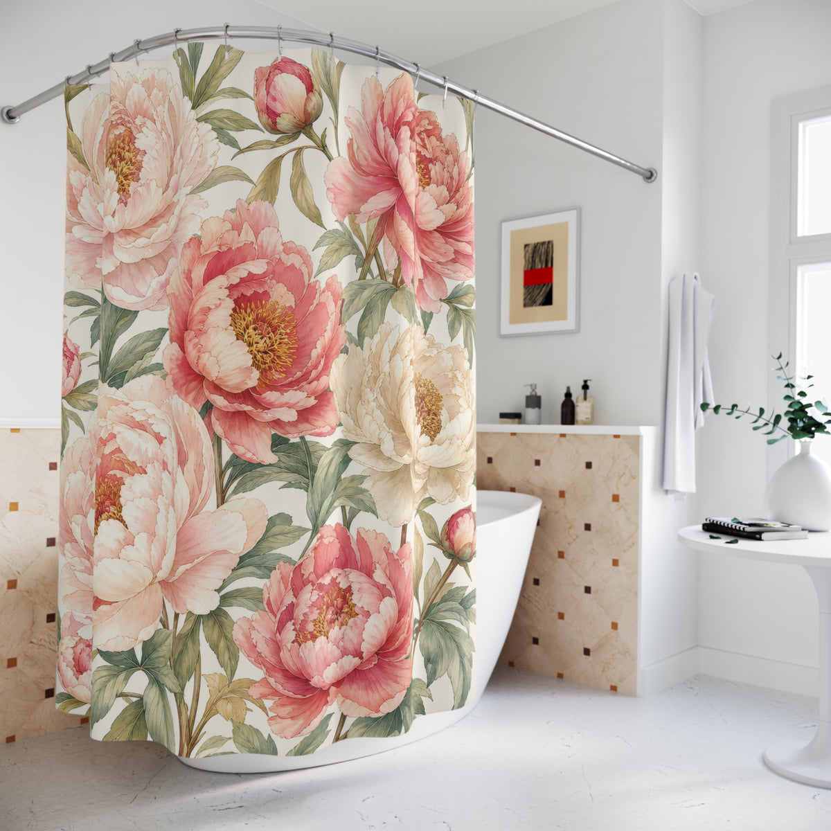 Pink Cream Floral Botanical peony shower curtain beside a freestanding tub