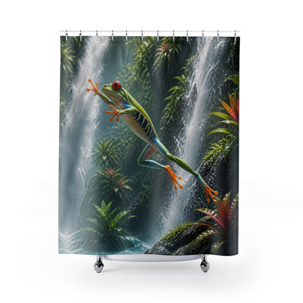 Green tree frog leaping across a jungle waterfall shower curtain with full front view