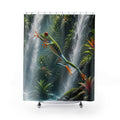 Green tree frog leaping across a jungle waterfall shower curtain with full front view
