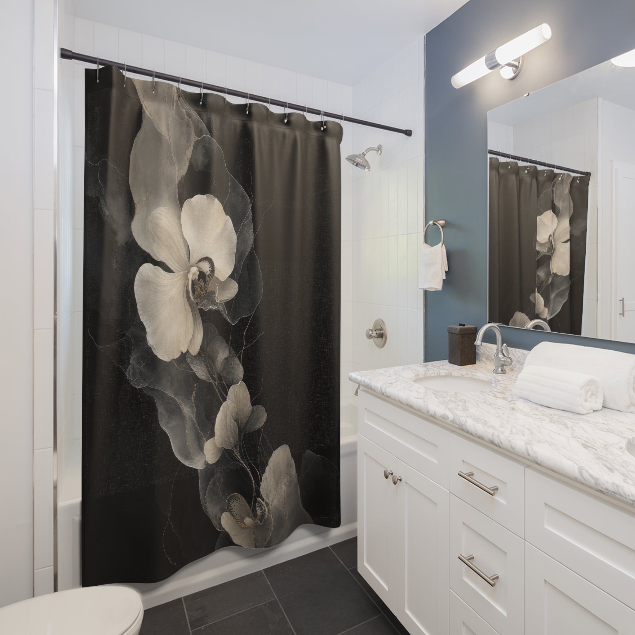Black Floral Shower Curtain, White Orchid Bath Decor, Moody Gray Botanical Pattern, Dark Romantic Modern Guest Bathroom Decor Style