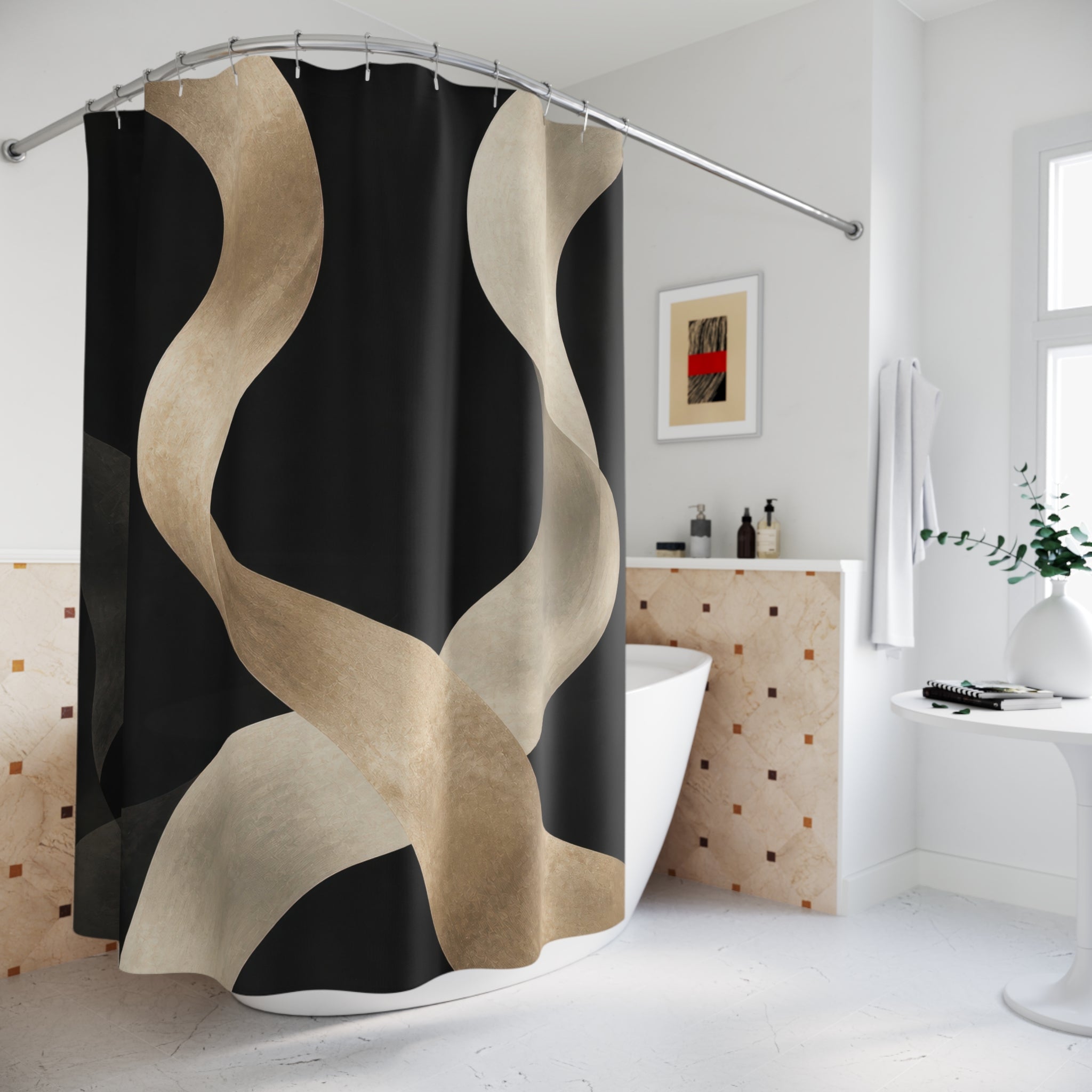 Gold Cream Abstract Black Geometric Shower Curtain