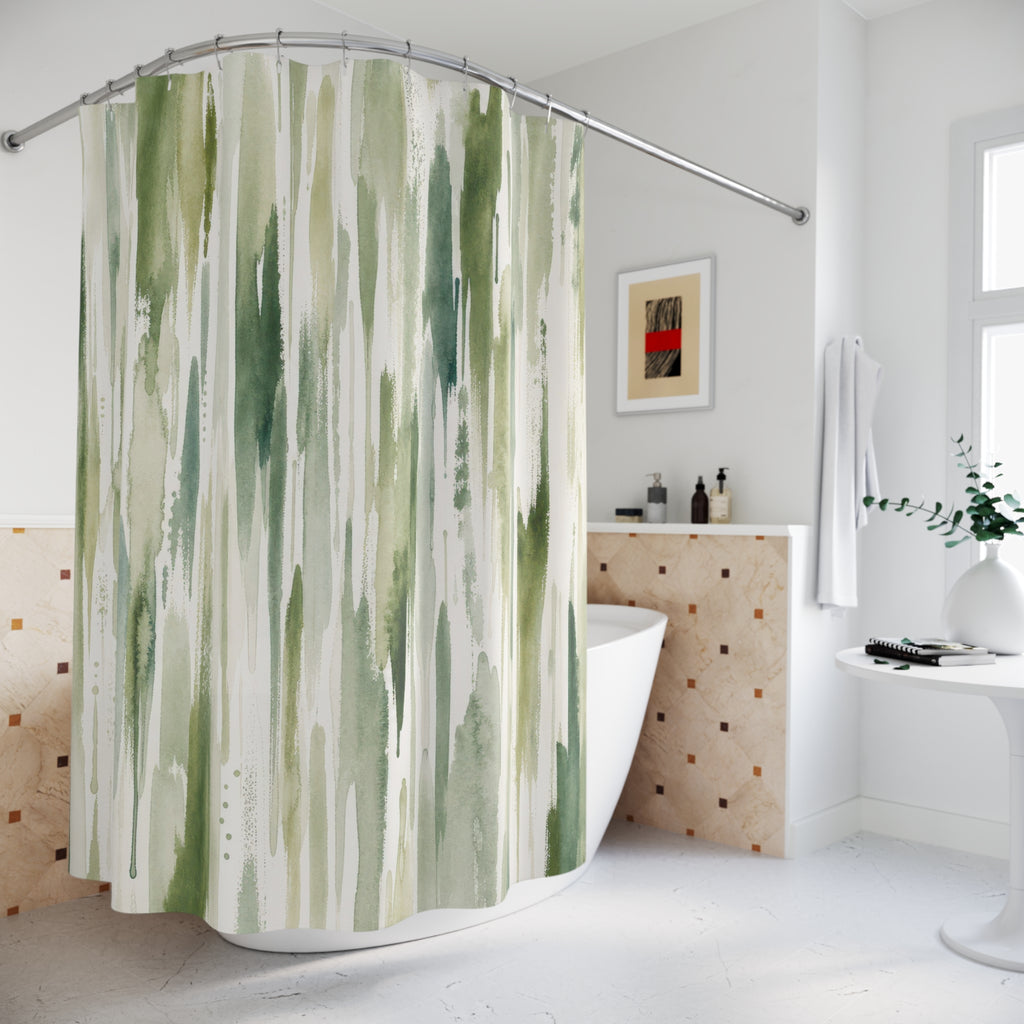White Watercolor Green Stripe Modern Beige Black Cream Shower Curtain
