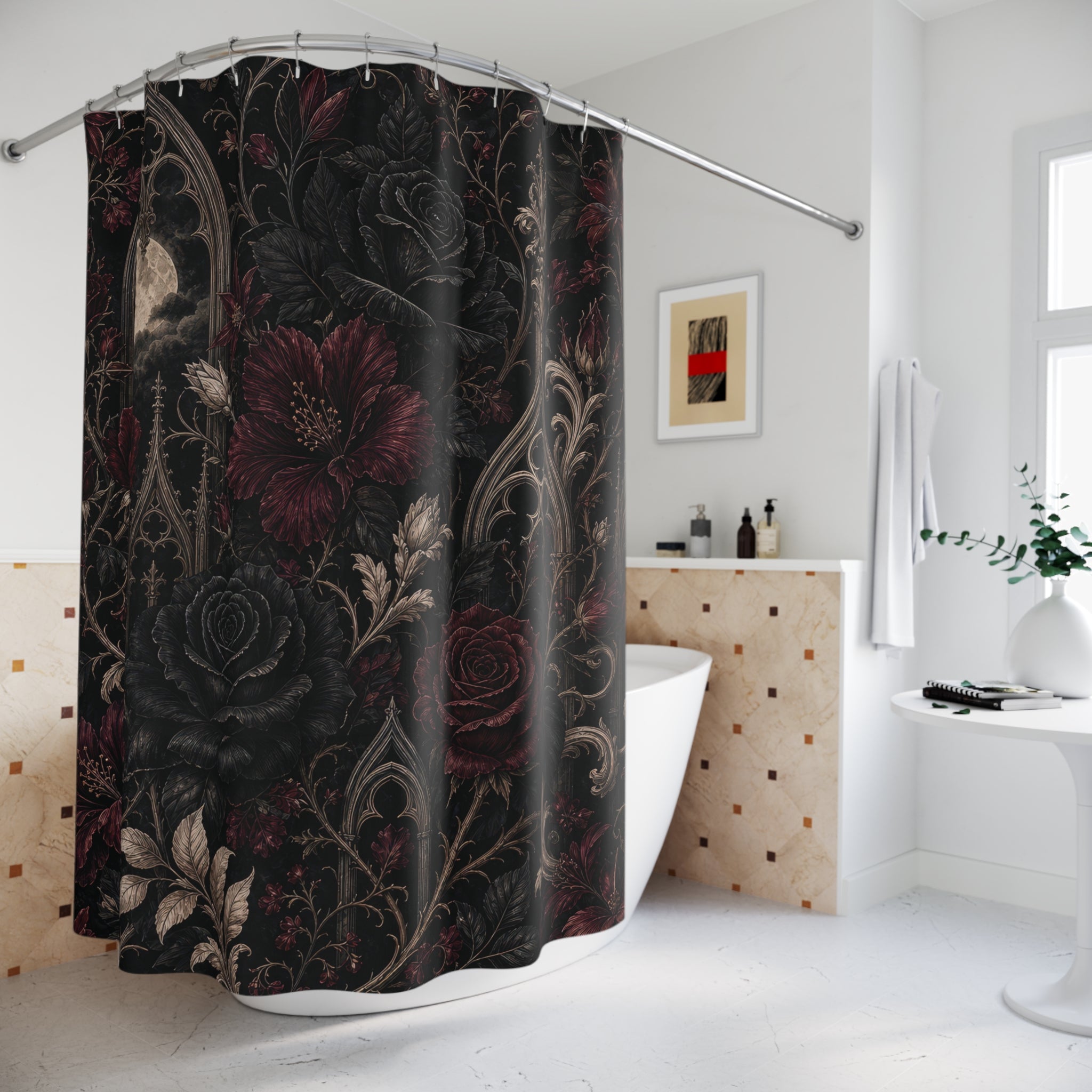 Gothic Shower Curtain: Dark Floral Botanical Pattern