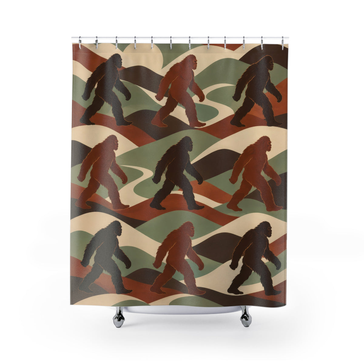 Brown and rust Bigfoot figures among sage and ivory ridges shower curtain with full front view