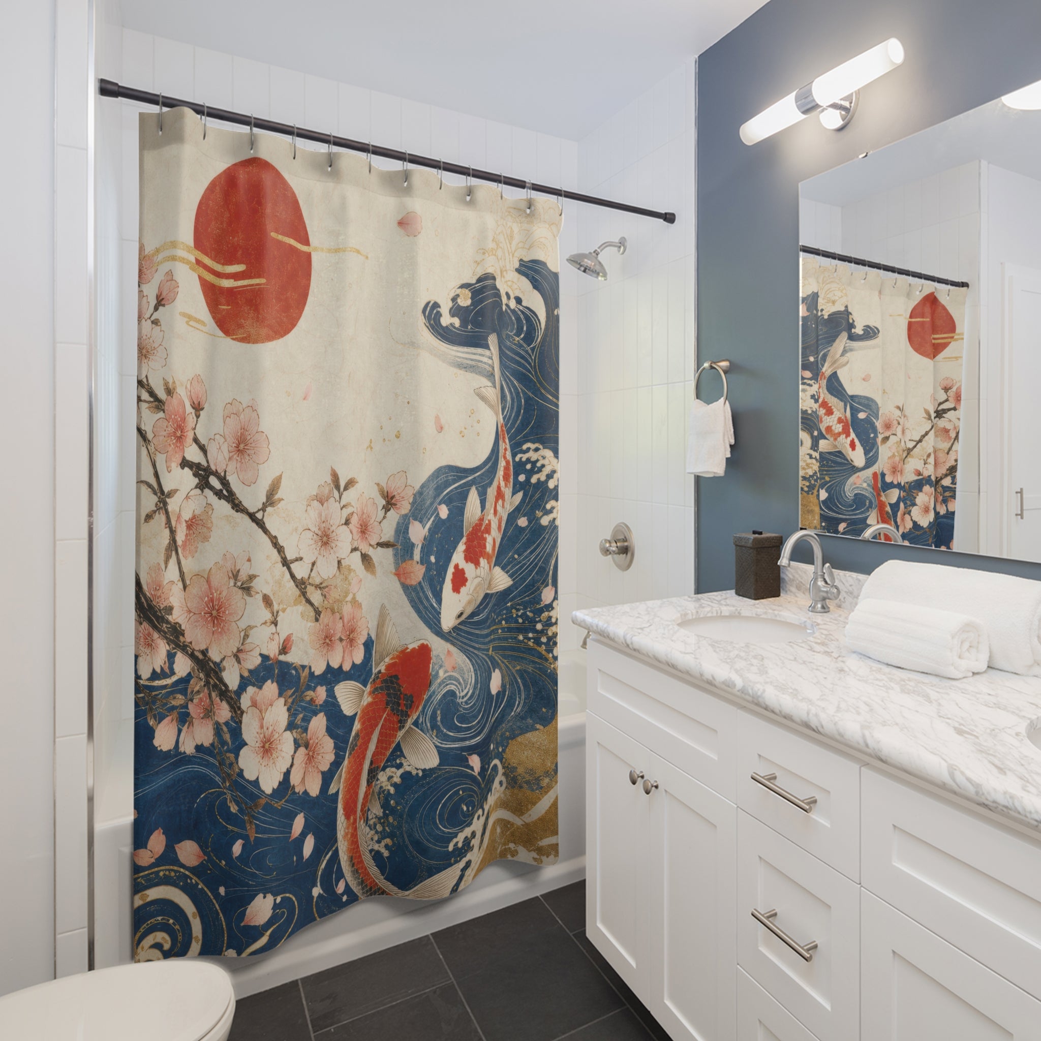 Japanese Shower Curtain: Koi Fish Wave Red Sun