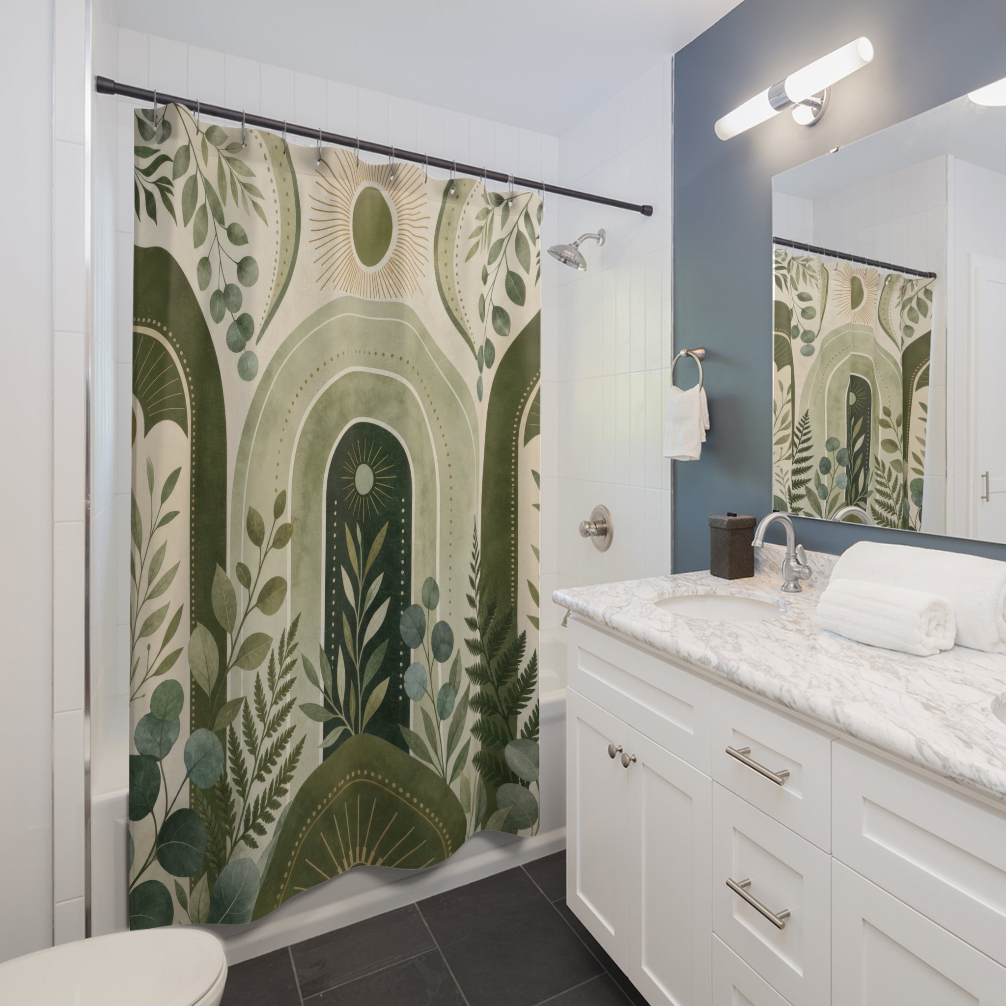 Green Boho Shower Curtain: Sage Botanical Arch Pattern