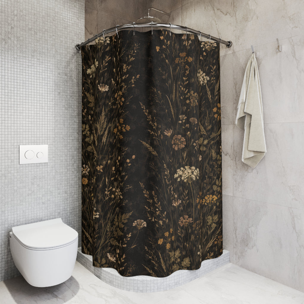 Dark Botanical Shower Curtain — Black and Ochre