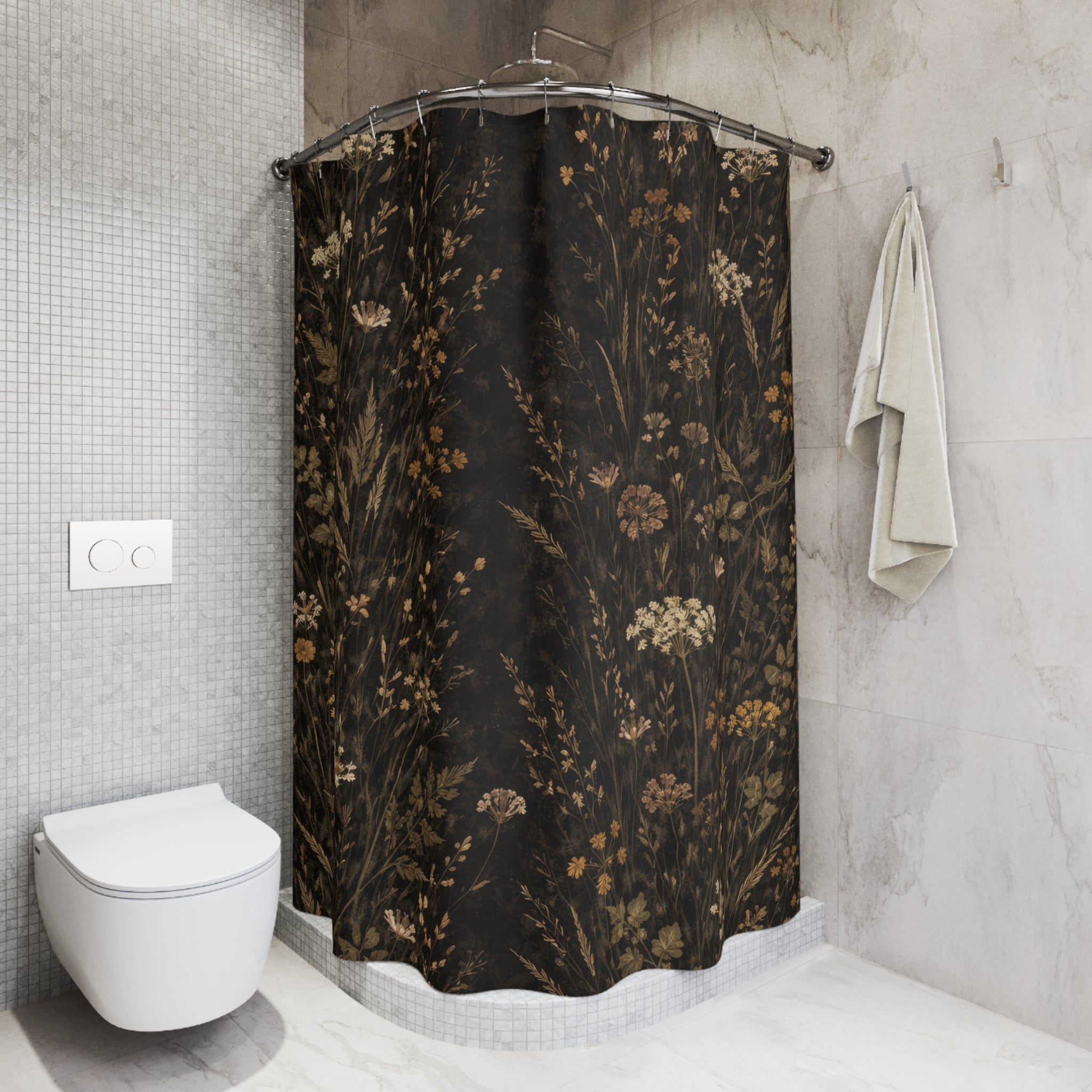 Dark Botanical Shower Curtain — Black and Ochre